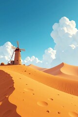Desert landscape with sand dunes and a windmill, sand, landscape, dunes