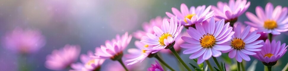 Fototapeta premium Delicate purple asters in clusters on white petals, blossoming, nature, delicate