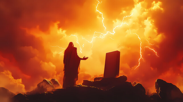 Epic scene of moses receiving the ten commandments dramatic lightning illuminating stone tablets silhouette against fiery sky. Fiery Sky. Illustration