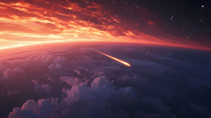Fiery meteor approaching earth's atmosphere. Fiery Sky. Illustration