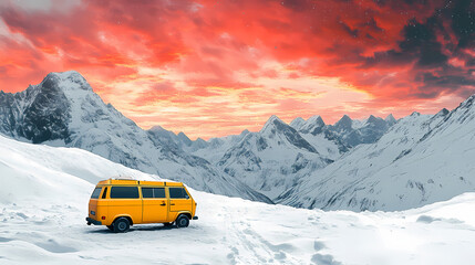 Generative ai illustration of yellow van parked on a snow covered path with majestic snow capped mountains and a fiery sky in the background. Fiery Sky. Illustration