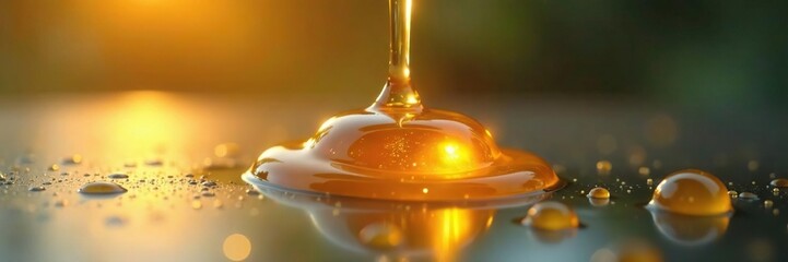 Honey droplets merge into a single glob on a glass surface, glass, drip