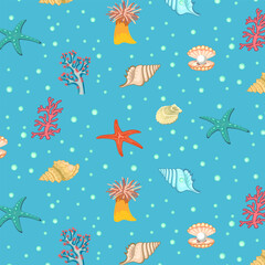 Pattern with sea shellfish.Shells, corals, mollusks on a colored background in a vector illustration.