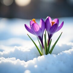 Naklejka premium Crocus stems poking through the snowy surface, snow, winter
