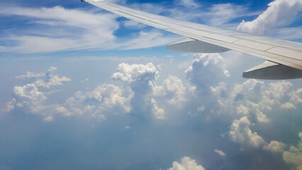 beautiful thick clouds in the sky from the height of the flight of the plane with a view of the...
