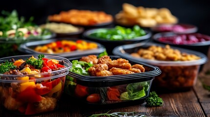 Obraz premium Delicious and Healthy Meal Prep: A Variety of Dishes in Takeout Containers