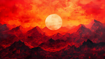 Red landscape with crimson mountains under a fiery red sky, red, landscape, mountains, sky, crimson, fiery, nature, scenery. Fiery Sky. Illustration