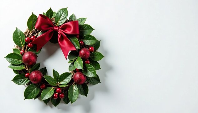 A delicate grapevine wreath wrapped in a rich burgundy ribbon, holiday decoration, festive