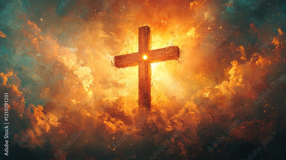 Poster wooden crucifix single bullet hole stands illuminated soft divine light. surrounding it are subtle c