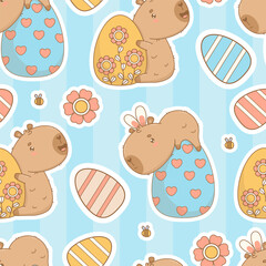 Easter Seamless pattern. Cute funny Capybara sticker with paschal Eggs on blue striped background. Holiday cartoon kawaii animal template backdrop. Vector illustration. Kids collection