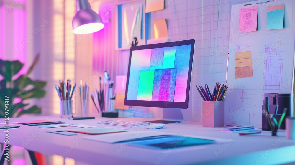 Aufkleber modern workspace with computer displaying abstract design, illuminated by neon light, featuring vari