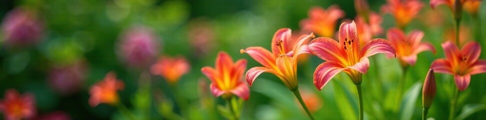 Fototapeta premium Delicate Peruvian lily flowers in a garden with lush greenery, peruvian lily, flowers