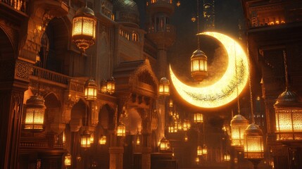 Fototapeta premium ornate golden mosque with crescent moon and lanterns, high detail, warm and inviting, festive and spiritual, Ramadan and Eid themed atmosphere