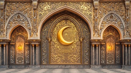 Obraz premium ornate golden mosque with crescent moon, intricate and elegant, high detail, warm and inviting, festive and spiritual Ramadan decoration
