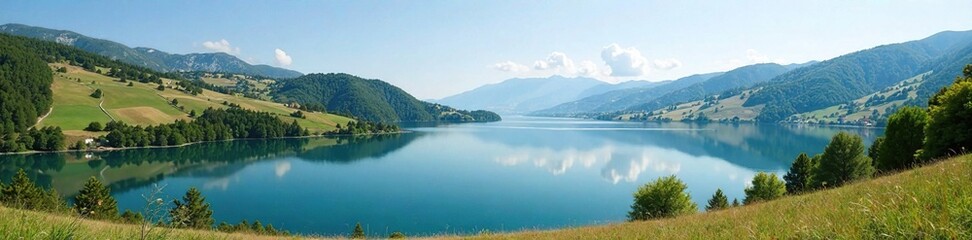 Obraz premium Rolling hills surround Prespa Lake's calm waters, lake, Macedonia