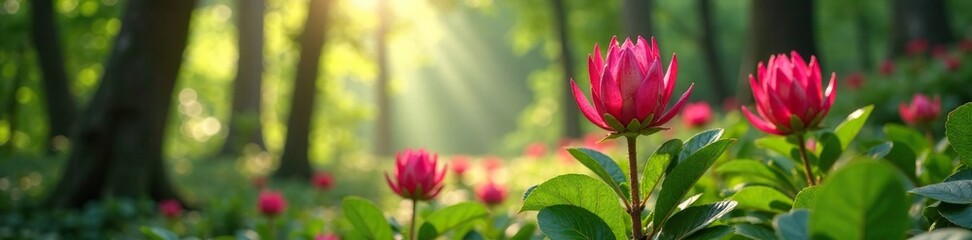 Fototapeta premium Bright pink protea flowers in a lush forest environment with sunlight filtering through, wildflowers, foliage