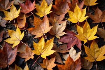 Brown leaves scattered on the ground in autumn decay, earthy tones, fallen leaves