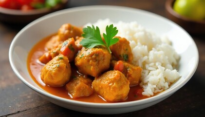 Spicy Kerala chicken curry in a white bowl with steamed rice, Coriander, Rice Bowl