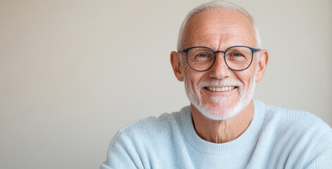 Fototapeta premium Smiling Senior Man: A portrait of a cheerful senior man with glasses, showcasing his warm smile and friendly expression.