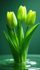 Naklejka premium Green tulip bunch with leaves and stems in water, blooms, water, greenery