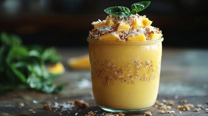 Closeup photorealistic image of mango spinach smoothie on rustic table