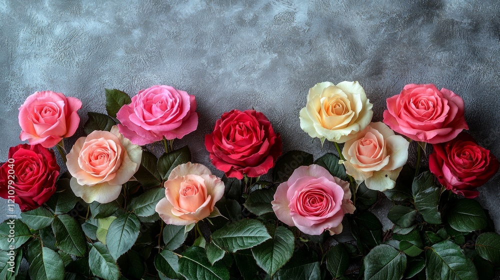 Poster delicate roses in shades of pink and red are artfully arranged edges creating beautiful border aroun