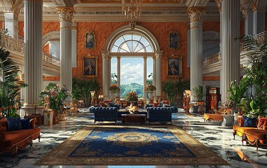 Obraz premium Sunlit grand hall interior with opulent furniture, marble floors, and arched windows overlooking a scenic landscape.