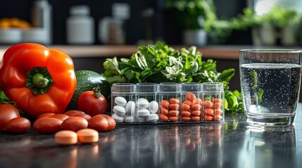 Vitamin organizer amidst fresh vegetables and water on kitchen counter