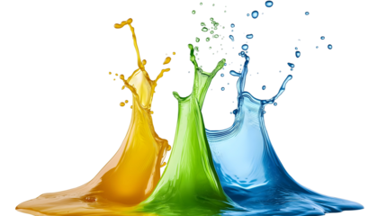 vibrant liquid splashes of yellow, green, and blue color isolated png transparent background
