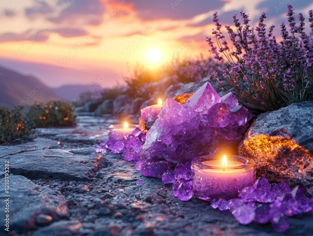 Poster decorative arrangement of glowing crystals and candles on soft neutral background enhanced small sto