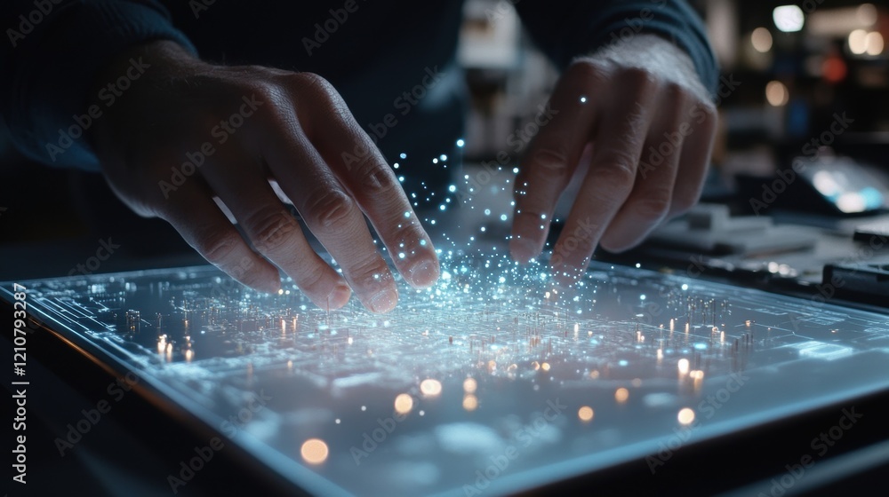 Aufkleber close up of hands interacting with a futuristic holographic interface, manipulating a complex circui