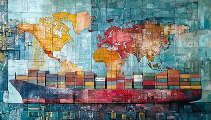 Artistic representation container ships and world maps showcasing global trade dynamics.