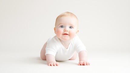 Fototapeta premium Happy baby crawling on white background, studio shot. Ideal for baby product ads