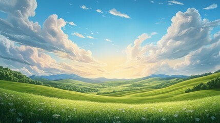 Obraz premium Peaceful sunset over rolling green hills and blue skies