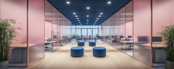 A contemporary office layout with frosted pink glass walls, light oak wooden flooring, and a midnight blue ceiling