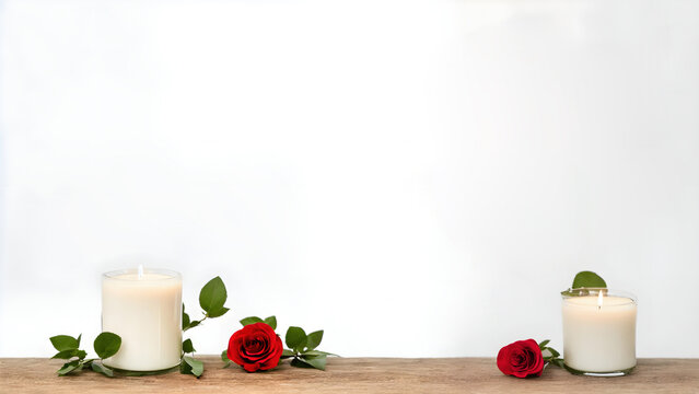 background with roses and candles on white background