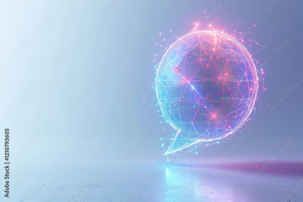 Poster holographic wireframe speech bubble on minimalistic white background for modern design projects