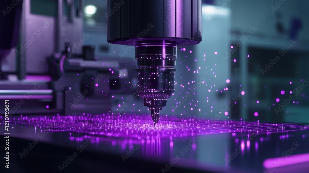 Poster high tech industrial robotic arm using data stream to create futuristic circuit board in automated f