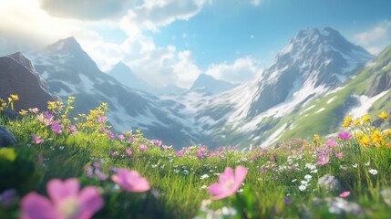 Obraz premium picturesque mountain landscape with blooming flowers in the foreground, high detail, serene and vivid, natural and calming, bright and inspiring scenery