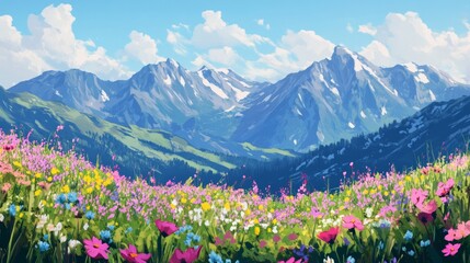 Fototapeta premium picturesque mountain landscape with blooming flowers in the foreground, high detail, serene and vivid, natural and calming, bright and inspiring scenery