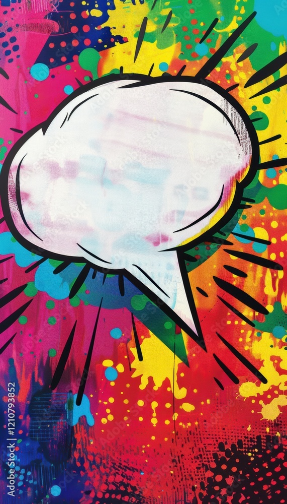 Poster comic speech bubble exploding on vibrant pop art background for dynamic advertisements