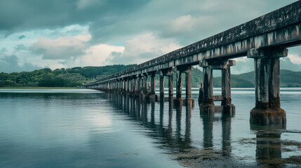 Fototapeta premium Rustic Wooden Pier Extending Across Tranquil Green River Under Moody Sky : Generative AI