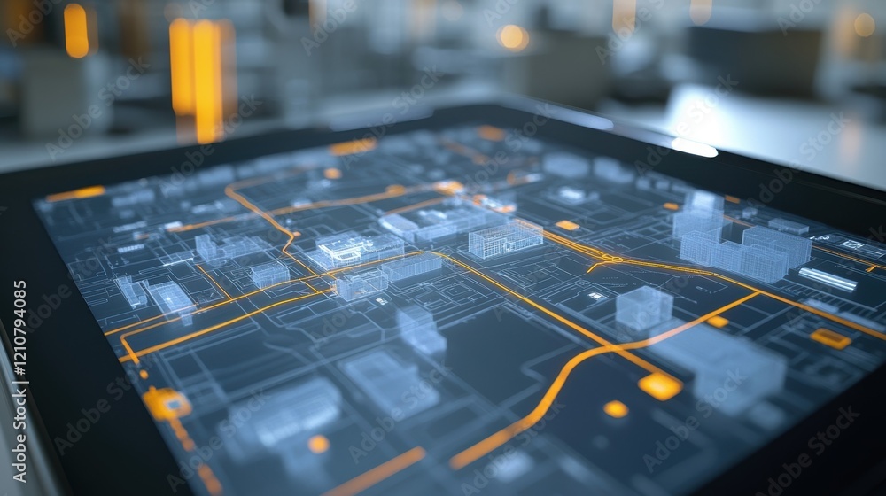 Aufkleber futuristic tablet displaying an interactive hologram of a smart city, visualizing buildings, roads, 