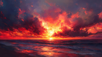 A breathtaking display of red and orange hues in the fiery sky at dusk, blazing sky, fiery sunset, intense light. Fiery Sky. Illustration