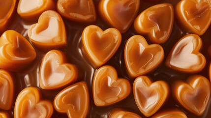 Top view of caramel candies in the shape of heart with caramel sauce background. Closeup of hard candy hearts with syrup backdrop. Valentine sweet background. Romantic, Love, Romance Treat Theme 