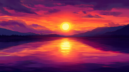 A dramatic sunset over a calm lake with reflections of the fiery orange and purple sky in the water. the tranquil setting is breathtaking and serene. Fiery Sky. Illustration