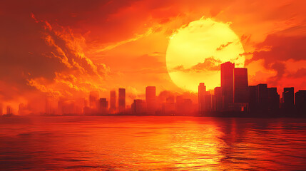 Fototapeta premium A fiery sun descends upon a city skyline as a fiery sky blankets the water below. Fiery Sky. Illustration