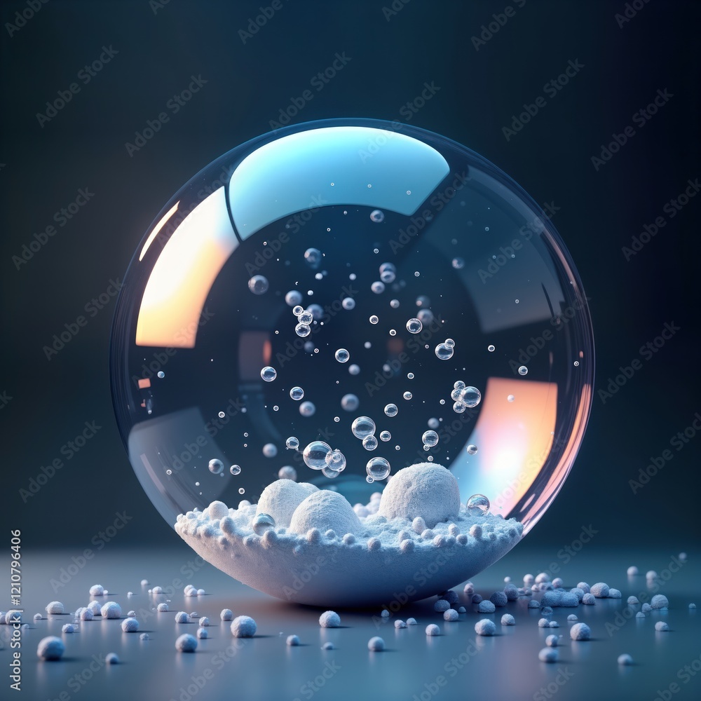 Poster shiny transparent sphere contains small white balls, bubbles. sphere sits on surface with similar sm