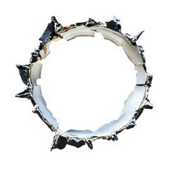 Bullet hole with cracked, jagged edges, cut out, transparent background