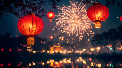 Obraz premium Traditional Lanterns Illuminate the Night Sky with Colorful Fireworks Display : Generative AI